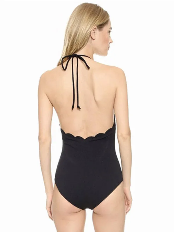 Pure Color Lace-up One-piece Swimsuit