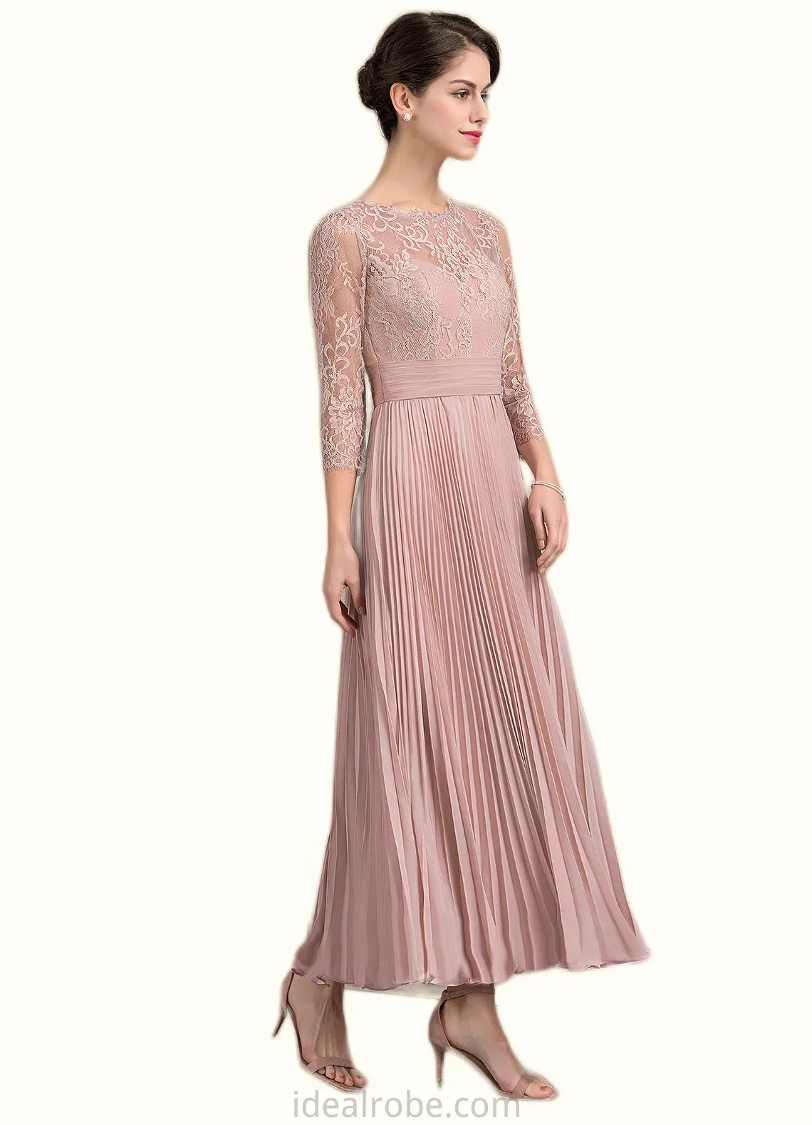 Rachael A-Line Scoop Neck Ankle-Length Chiffon Lace Mother of the Bride Dress With Pleated STK126P0014651