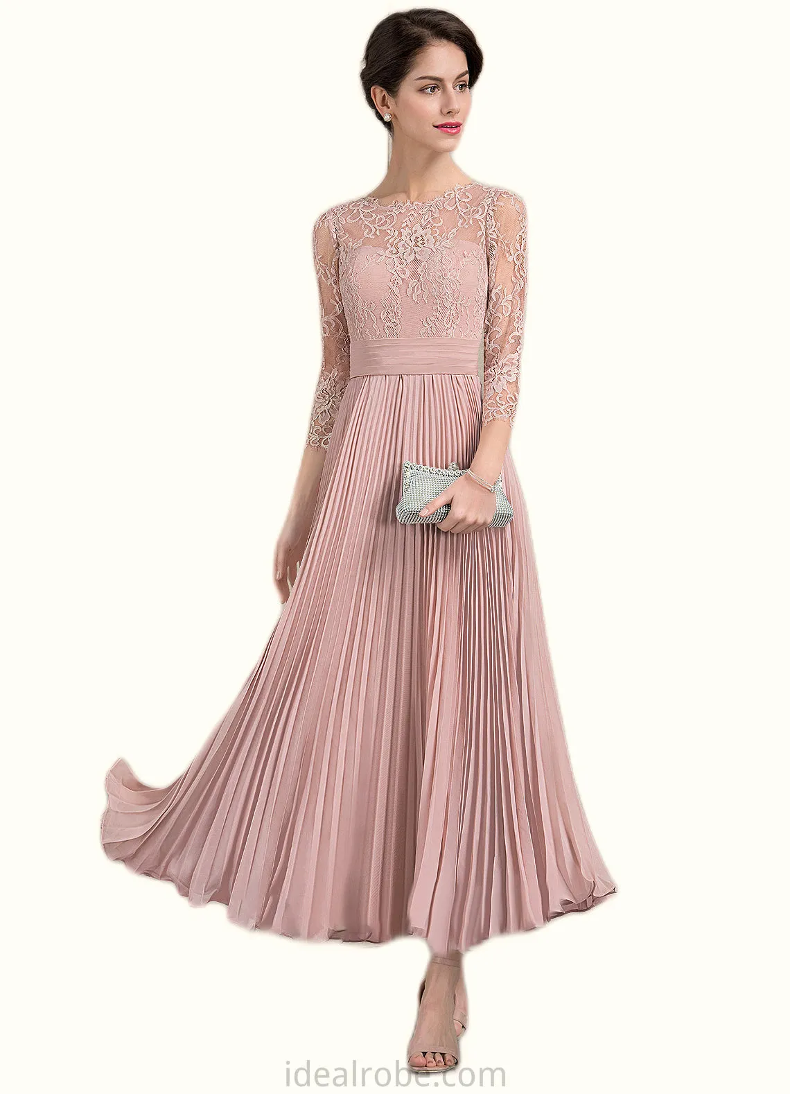 Rachael A-Line Scoop Neck Ankle-Length Chiffon Lace Mother of the Bride Dress With Pleated STK126P0014651