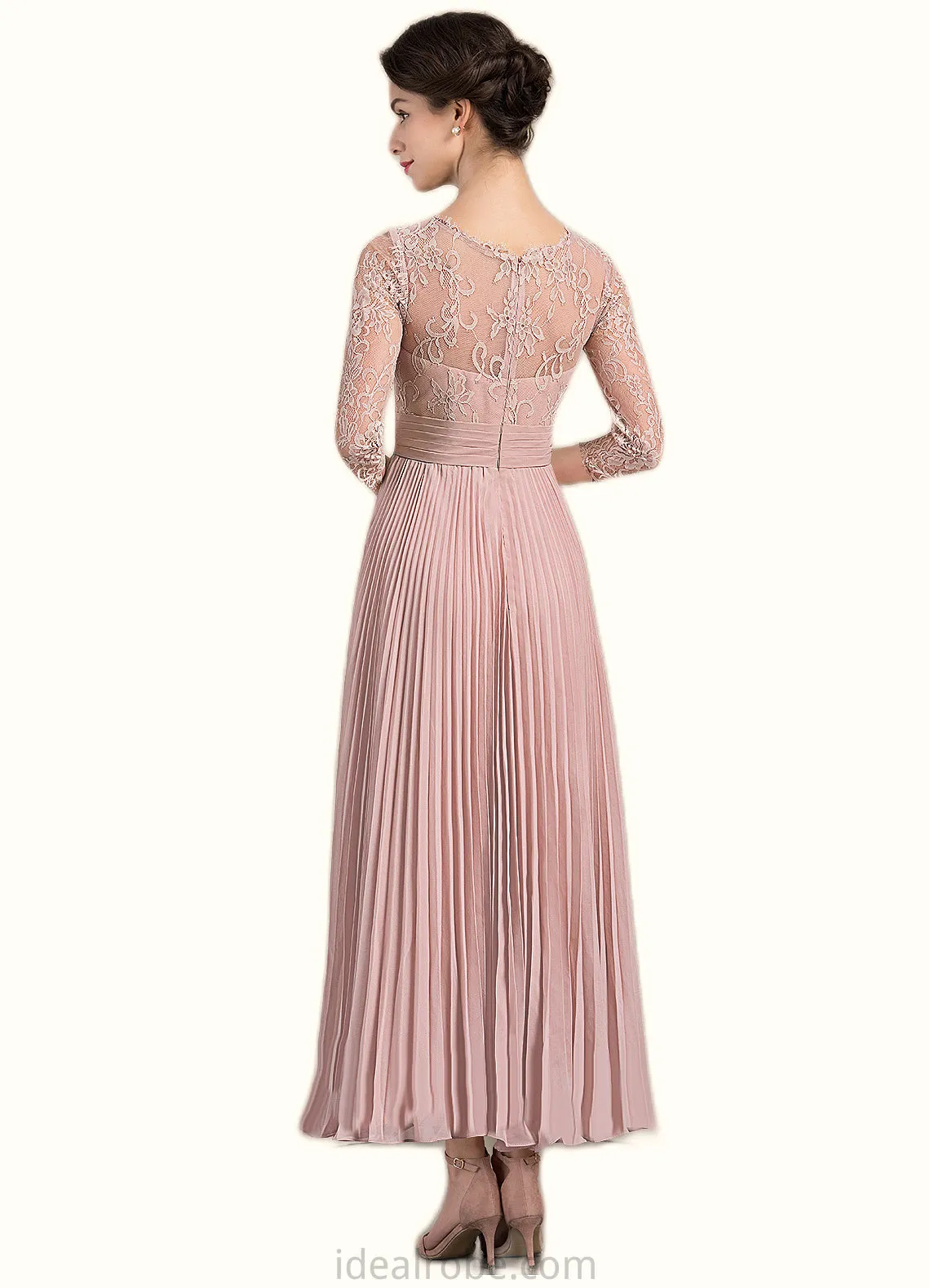 Rachael A-Line Scoop Neck Ankle-Length Chiffon Lace Mother of the Bride Dress With Pleated STK126P0014651