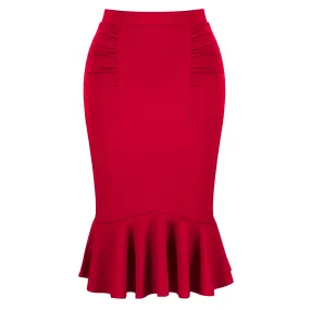 Red Peplum Fishtail Stretch Pencil Bodycon Skirt