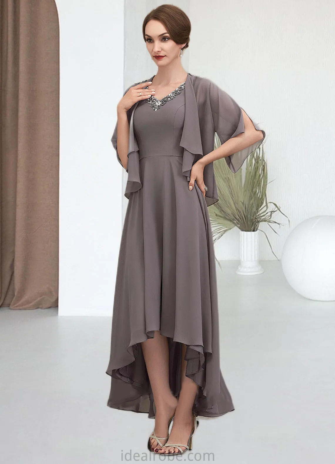 Savannah A-line V-Neck Asymmetrical Chiffon Mother of the Bride Dress With Beading Sequins STK126P0014656