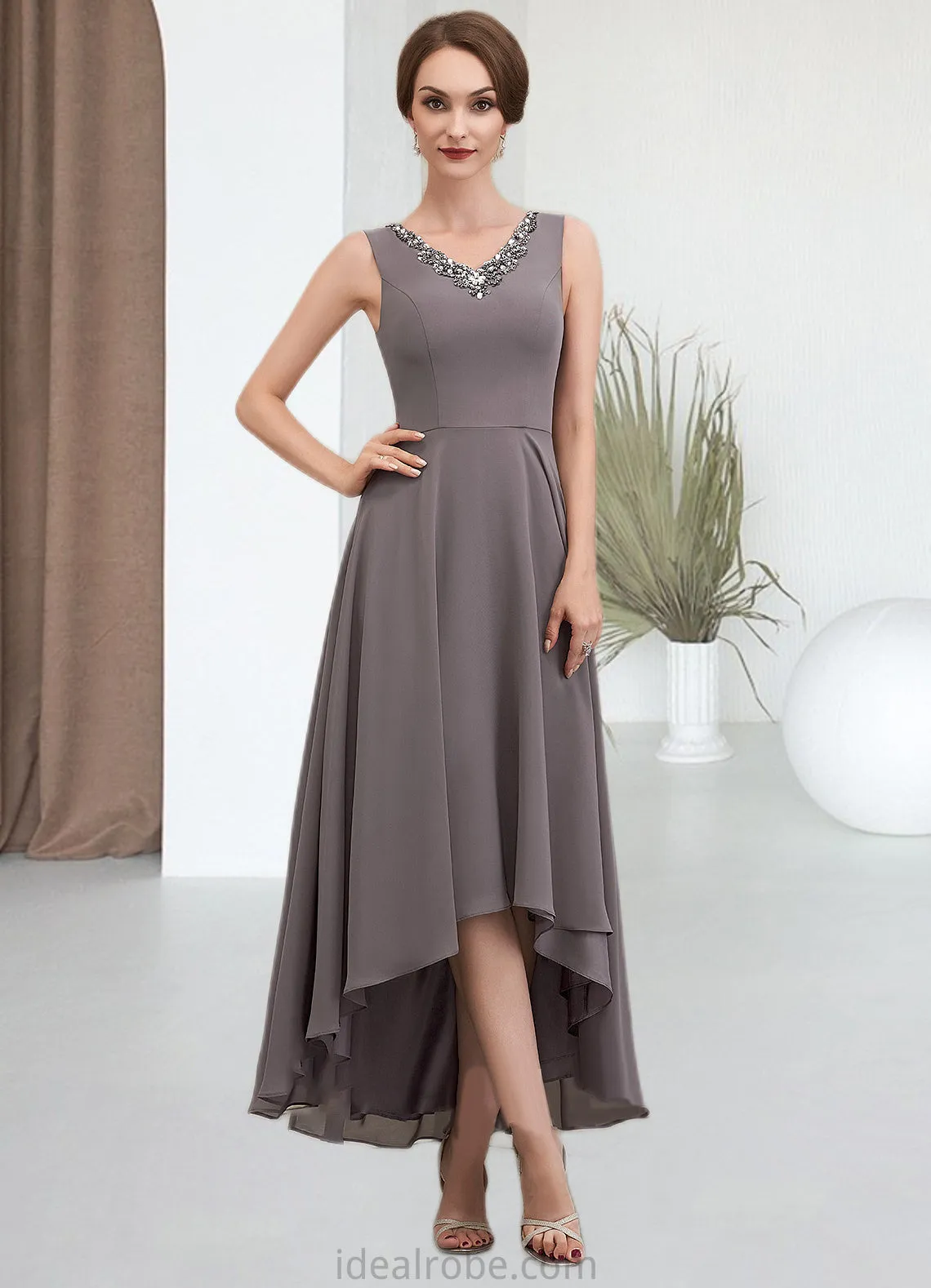 Savannah A-line V-Neck Asymmetrical Chiffon Mother of the Bride Dress With Beading Sequins STK126P0014656