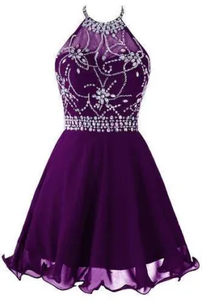 Short Beaded Prom Dress Halter Homecoming Dress Backless