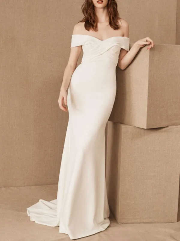 Simple Wedding Dresses Satin Off The Shoulder Pleated Floor Length Chapel Train Bridal Dress