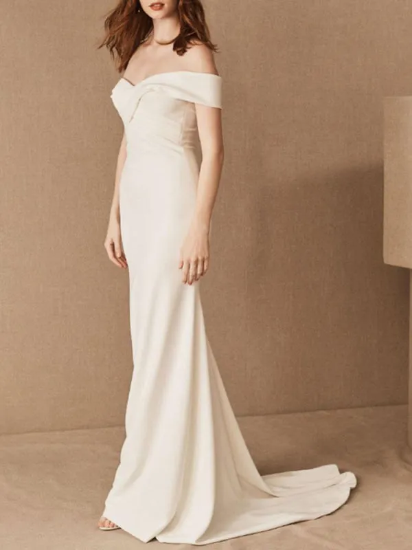 Simple Wedding Dresses Satin Off The Shoulder Pleated Floor Length Chapel Train Bridal Dress