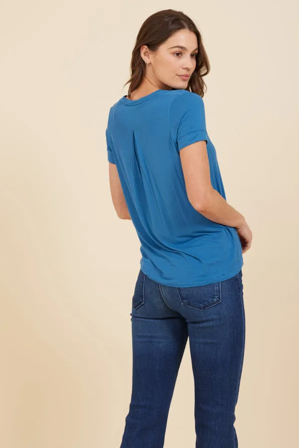 Soft Touch Short Sleeve Pleat Back Crewneck in Ocean