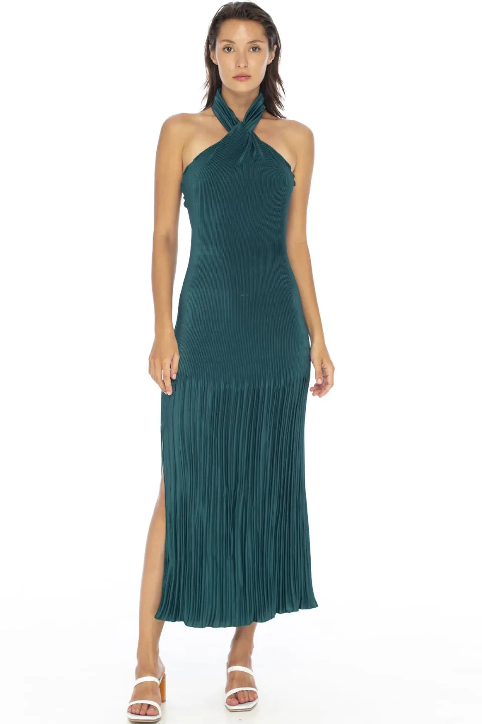 Soiree Halter Pleated Teal Midi Dress