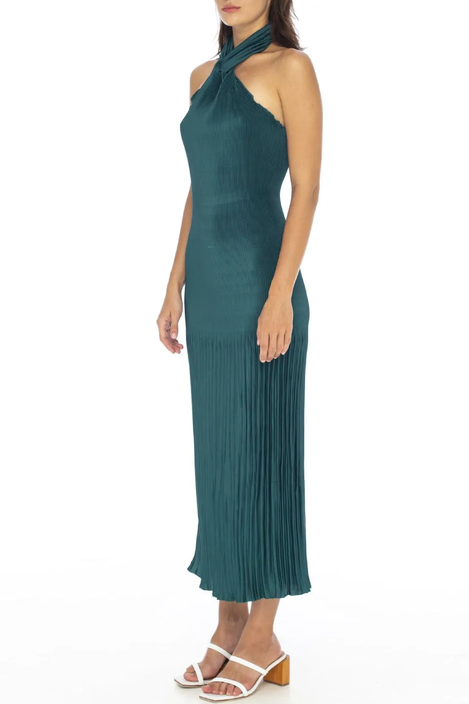 Soiree Halter Pleated Teal Midi Dress