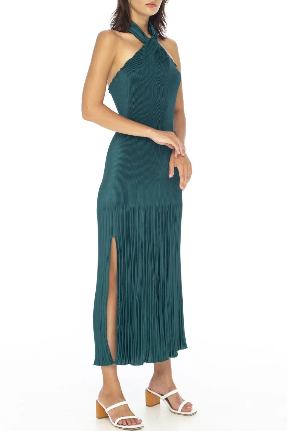 Soiree Halter Pleated Teal Midi Dress