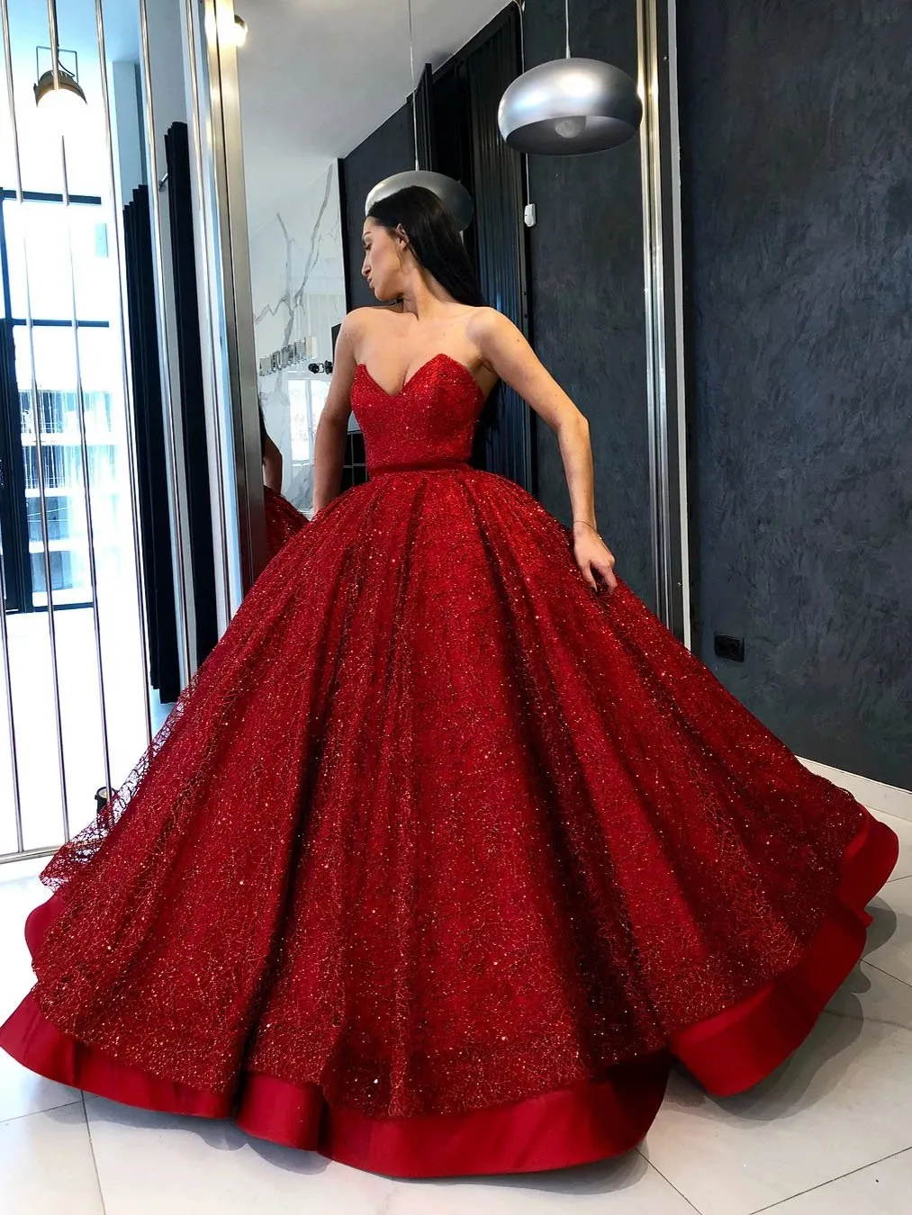 Sparkly Ball Gown Burgundy Strapless Sweetheart Prom Dresses, Long Quinceanera Dresses STK15428