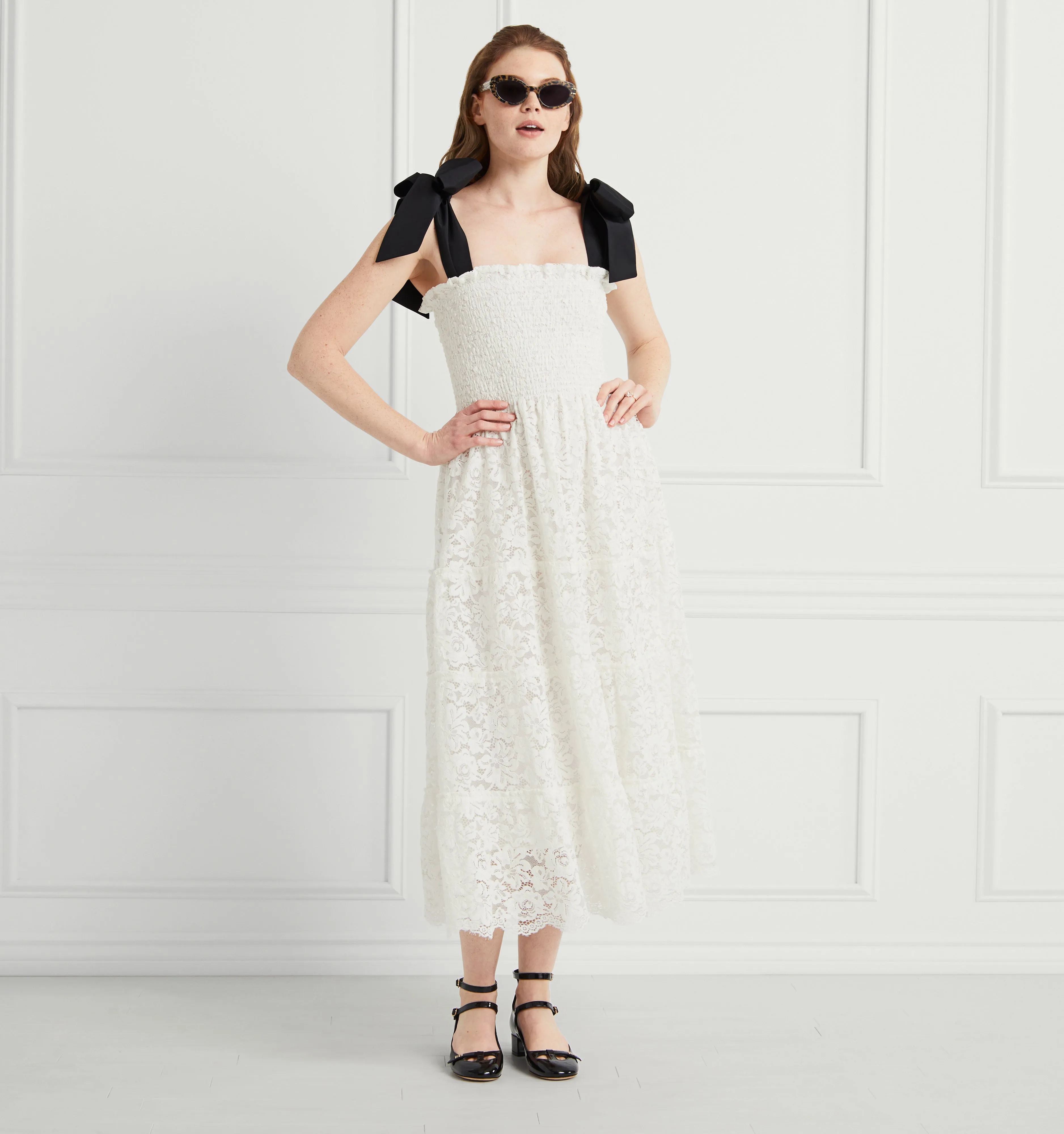 The Lace Ribbon Ellie Nap Dress - White Lace with Black Ribbon