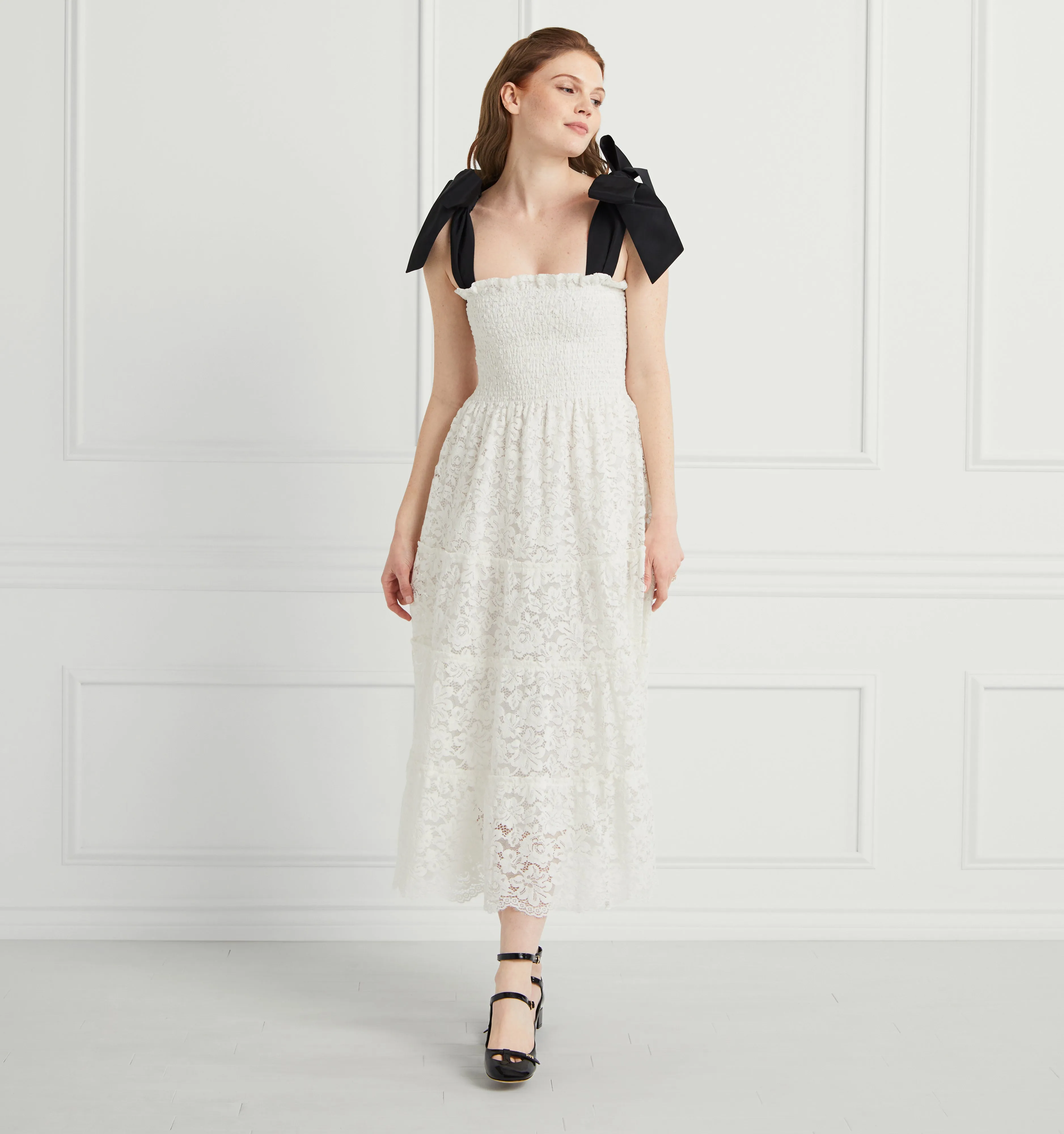 The Lace Ribbon Ellie Nap Dress - White Lace with Black Ribbon