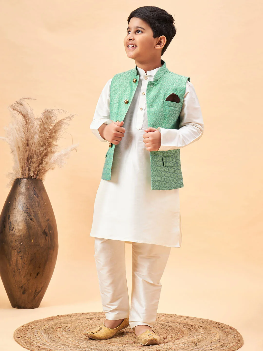 VASTRAMAY Boy's Green Woven Jacket With Cream Kurta and Pyjama Set