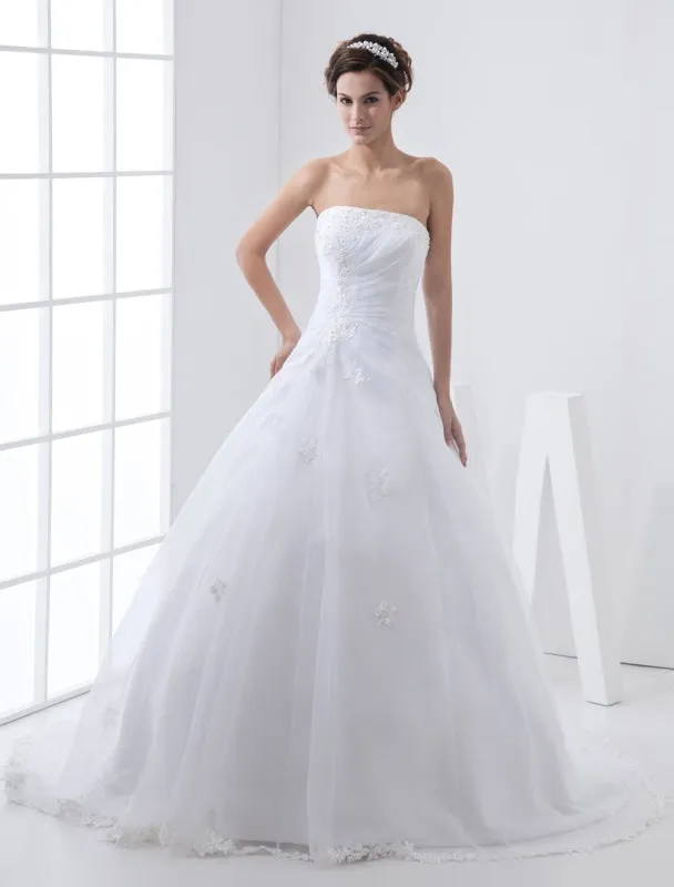 White Wedding Dresses Strapless Bridal Gown Lace Beading Side Draped Bridal Dress With Train