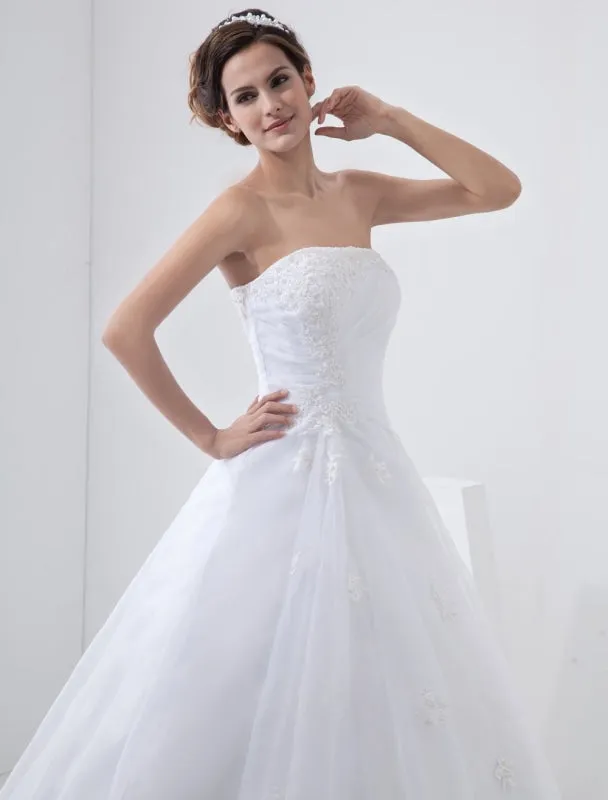 White Wedding Dresses Strapless Bridal Gown Lace Beading Side Draped Bridal Dress With Train