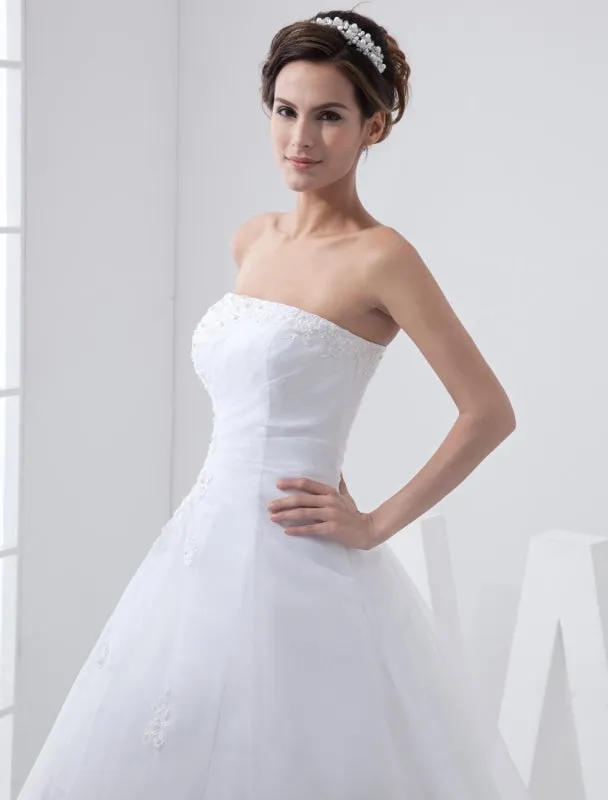 White Wedding Dresses Strapless Bridal Gown Lace Beading Side Draped Bridal Dress With Train