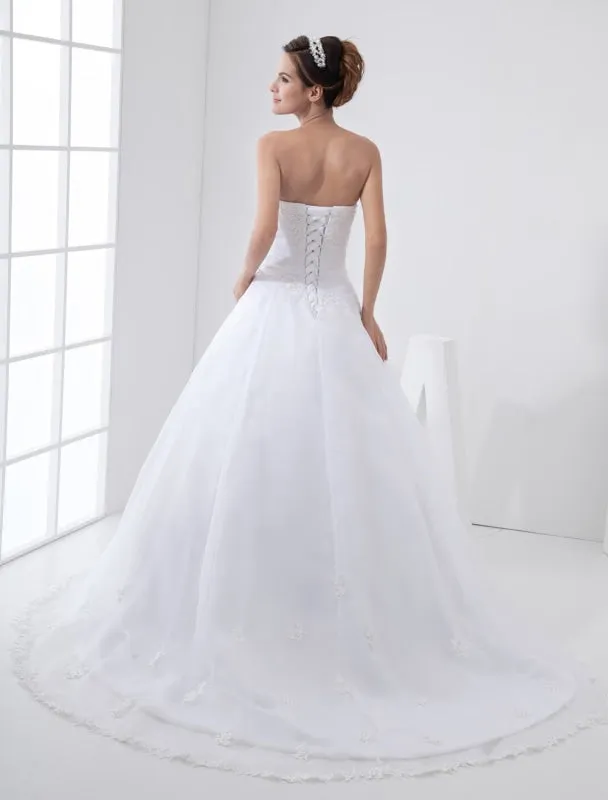 White Wedding Dresses Strapless Bridal Gown Lace Beading Side Draped Bridal Dress With Train