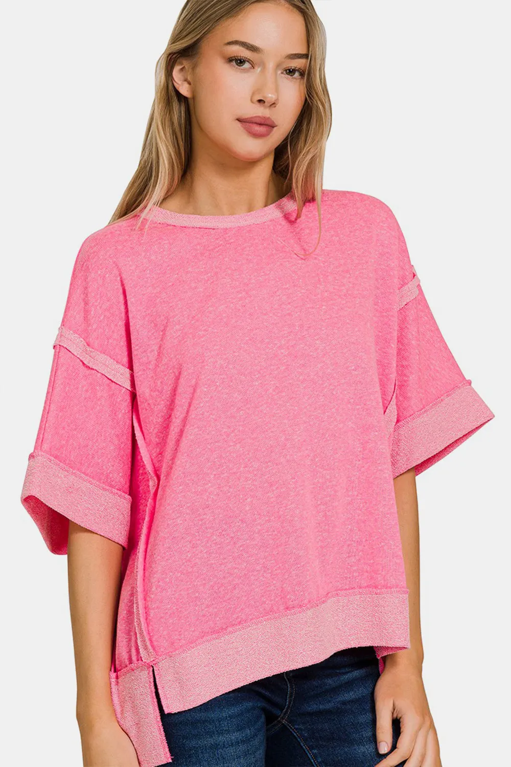 Zenana Contrast Trim Drop Shoulder T-Shirt